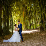 couple de jeunes mariés dans la bambouseraie de la foret du chateau Royal de Cazeneuve à Prechac dans le sud Gironde